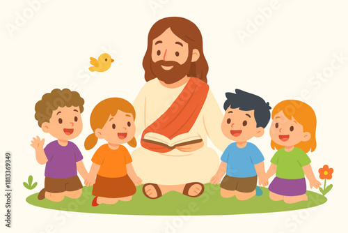 Cute illustration of Jesus reading to a group of children, symbolizing teaching, love, and spiritual growth.