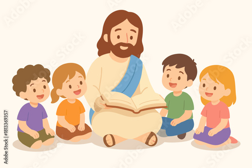 Illustration of Jesus reading and teaching children, showing kindness, wisdom, and spiritual guidance.
