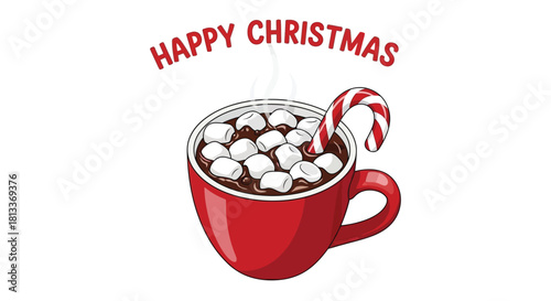 Happy Christmas hot chocolate mug with marshmallows and candy cane