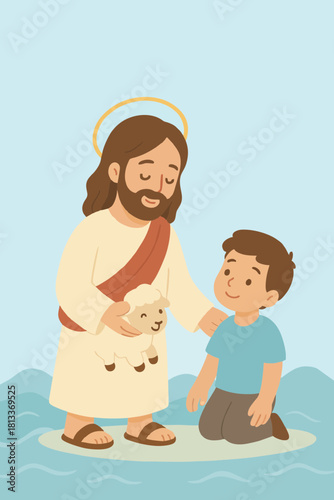 Illustration of Jesus comforting a child while holding a lamb, representing protection, compassion, and gentle care.