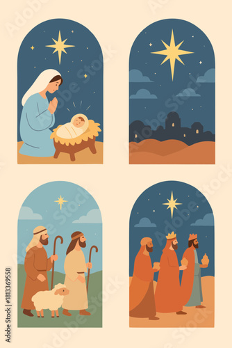 Christian illustration set showing the nativity scene, the starry night, and spiritual symbols of Christmas and hope.