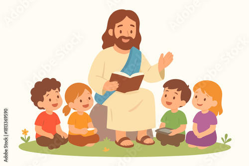 Cute flat illustration of Jesus reading Scripture to children gathered around Him, promoting faith, learning, and kindness.