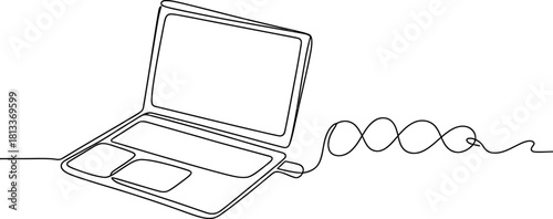 Minimalist continuous line art of a laptop connected to a flowing dna helix, symbolizing biotechnology, digital data, and genetic research concepts.