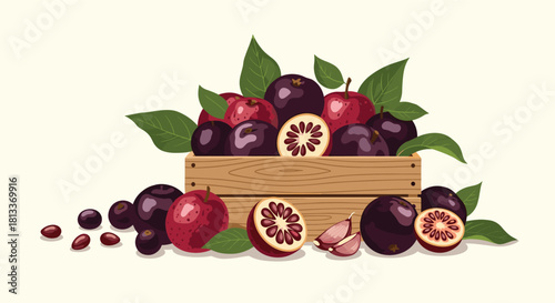 A wooden crate overflowing with vibrant purple and red fruits and slices of sliced fruit.