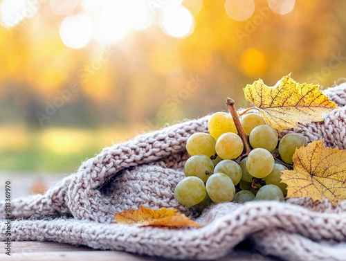 A close-up of a bunch of green grapes resting on a textured, light brown knitted scarf, with autumn leaves and a blurred golden background.
