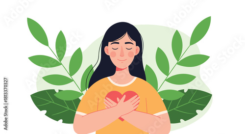 Woman with closed eyes embraces a heart on her chest, surrounded by lush green leaves, symbolizing self-love and care.