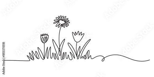 Continuous line drawing of spring flowers and grass in a garden meadow, minimalist floral design illustration, simple nature art graphic