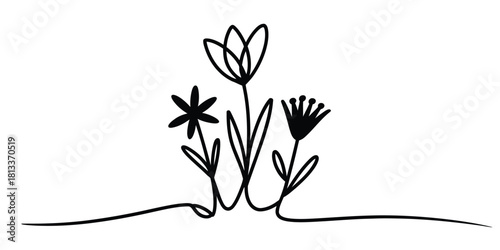 Minimalist continuous line art drawing of three distinct stylized flowers with simple leaves growing from a single graceful stroke