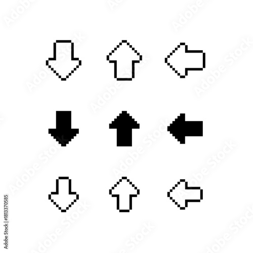 8-bit icon set featuring classic media controls such as play, pause, fast-forward, rewind, next buttons. Symbol retro pixel style, for interfaces, games, apps, and vintage UI elements.