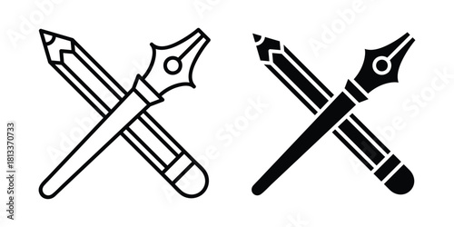 Crossed Pencil and Fountain Pen Icon Outline And Solid Style