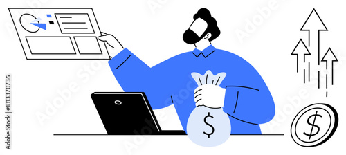 Professional analyzing performance metrics while holding financial bag. Ideal for finance, investment, growth, profit, business strategy, startup, economics. Modern simple flat metaphor