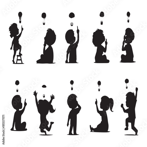 Black silhouettes of kids in wonder, surrounded by lightbulbs and starbursts on white background