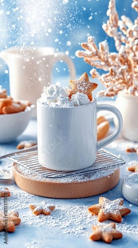 A white mug filled with whipped cream and a star-shaped cookie sits on a cooling rack dusted with powdered sugar, surrounded by more cookies.