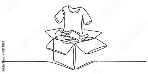 Continuous line art illustration of a t-shirt emerging from an open cardboard box, symbolizing online shopping, shipping, and new arrivals concept.