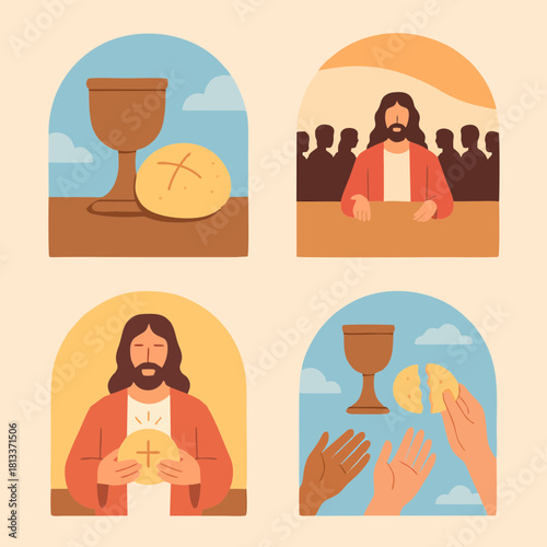 Flat Easter Sunday Illustration with Three Crosses at Sunrise