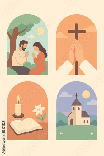 Flat Christian Panels of Jesus with Family and Praying Scenes
