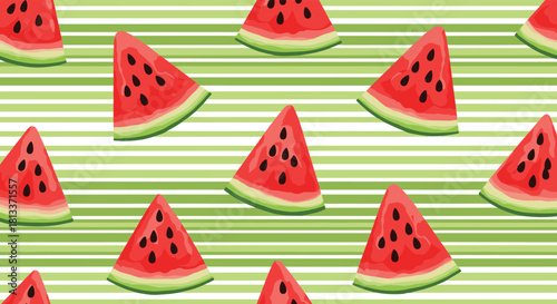 Seamless pattern of watermelon slices on a striped green background.