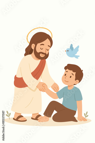 Flat illustration of Jesus helping and comforting a child with a dove above, symbolizing peace and kindness