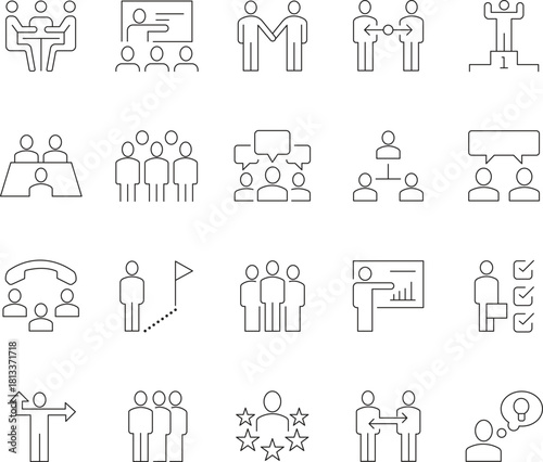 Business People Line Icons Set – Teamwork, Communication, Leadership & Management Symbols (Editable Stroke)