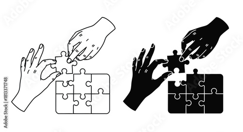 Hands connecting puzzle pieces representing collaboration and a shared solution