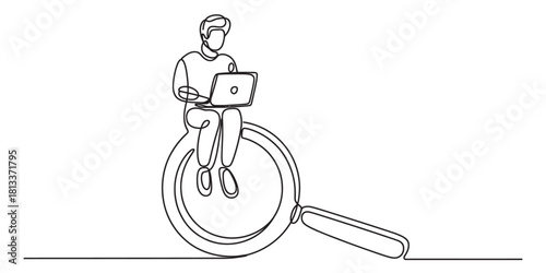 Man with laptop sitting on magnifying glass doing research, continuous line drawing, focused on information search and online analysis