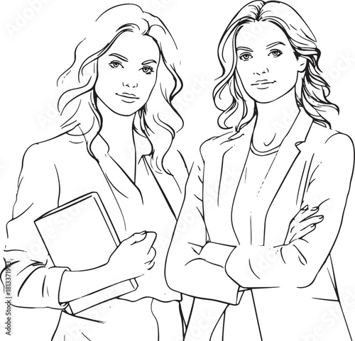 Illustration of two professional women standing confidently with a book and crossed arms Vector