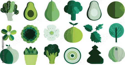 Flat green vector icon set of healthy fruits, vegetables, and natural plant symbols Vector