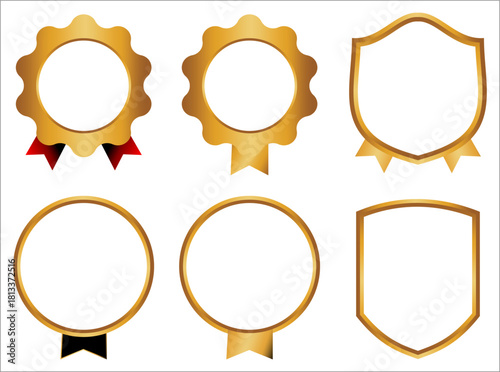 Set of golden award badges and quality seals with ribbons isolated on white background empty frames for certificate design and premium product promotion