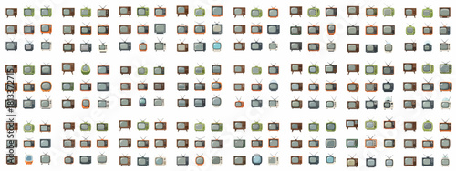 Seamless pattern of various colorful vintage and retro television sets, isolated on a white background, representing broadcasting, media, and old technology.