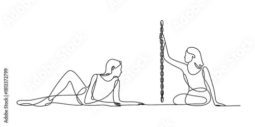Minimalist continuous line art drawing of two women, one reclining elegantly and the other sitting, holding a vertical metal chain up.
