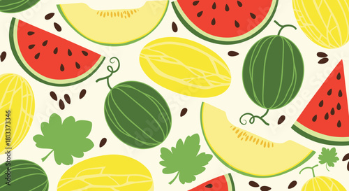 A vibrant and colorful seamless pattern featuring various slices and whole melons and watermelons with seeds.