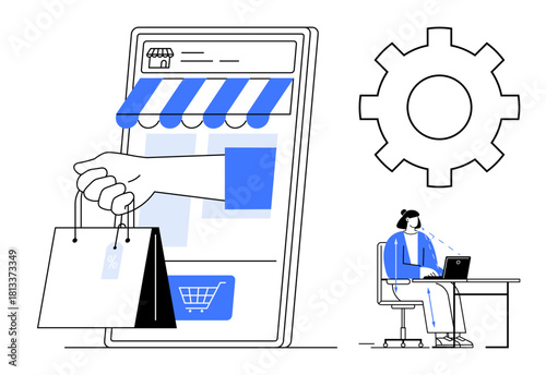 E-commerce concept. E-commerce visuals showing mobile storefront, shopping bags, and gear icon. E-commerce for online stores, digital shopping, retail, technology, and marketing applications