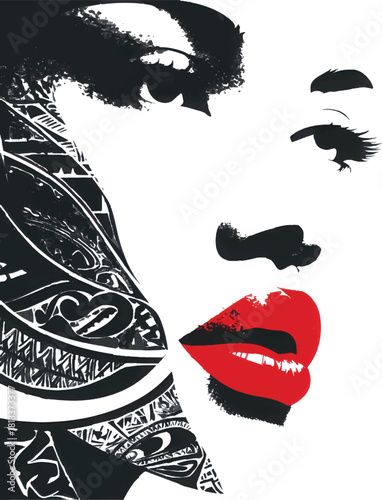 Stylized woman profile with intricate patterned skin and vibrant red lips on white background Vector