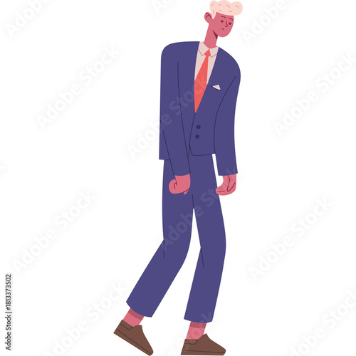 Man Wearing A Blue Suit And Orange Tie With White Shirt And Brown Shoes With His Head Down And Hands At His Side Isolated On A White Background