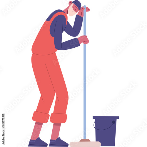 Man Wearing Blue Cap Red Overalls and Blue Shirt Mopping Floor with Bucket Next to Him In Flat Design Style