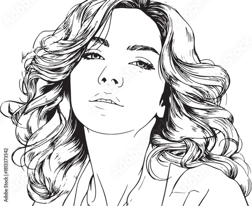Stylized black and white line art portrait of a woman with long wavy hair and an intense gaze Vector