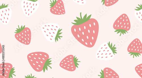 Seamless pattern of pink and white strawberries on a light pink background.