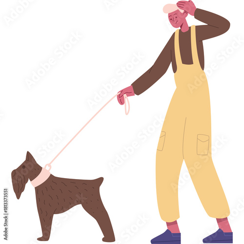 Man Wearing Yellow Overalls Walking a Brown Schnauzer Dog on a Leash Transparent Background