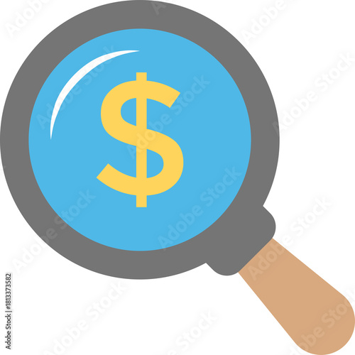 Magnifying Glass Over Yellow Dollar Symbol On Blue Background With Transparent Background And Wooden Handle
