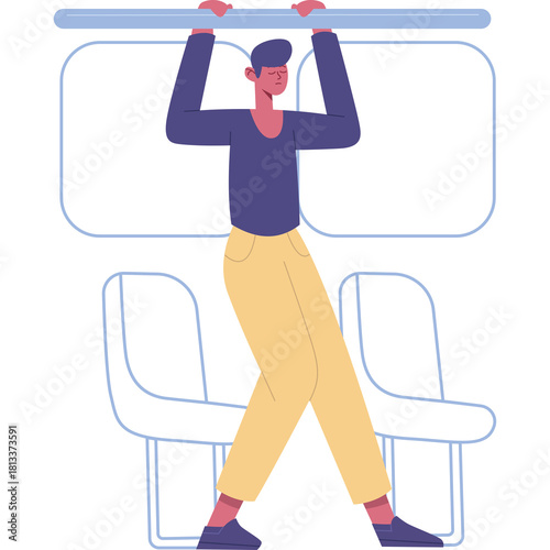 Man Holding Onto A Handlebar On A Commuter Train With Yellow Pants And A Blue Shirt And Purple Shoes With Blue Outline Seats Behind Him