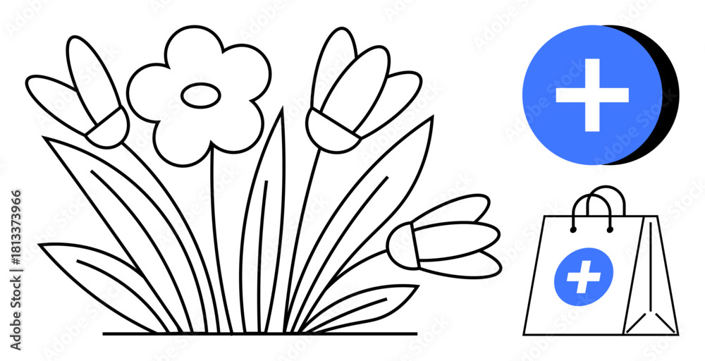 Fototapeta premium Healthcare concept. Healthcare with a medical cross, flowers well-being, and a shopping bag for health-related purchases. Healthcare for medical apps, online shopping, wellness, nature products