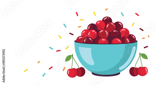 An illustration of a light blue bowl brimming with fresh red and dark red cherries, surrounded by a festive scattering of colorful sprinkles.