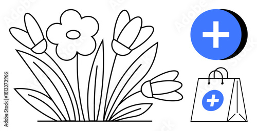 Healthcare concept. Healthcare with a medical cross, flowers well-being, and a shopping bag for health-related purchases. Healthcare for medical apps, online shopping, wellness, nature products