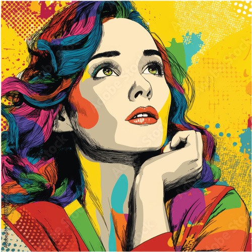 Adobe IllVibrant pop art illustration of a thoughtful woman with colorful hair looking up, artistic Vectorustrator Artwork