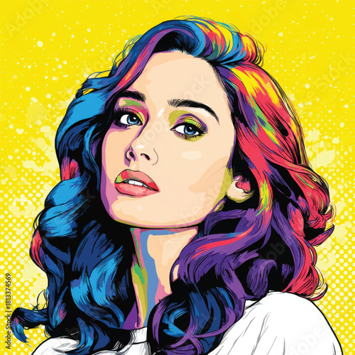 Vibrant pop art portrait of a woman with colorful hair and artistic expression. Vector
