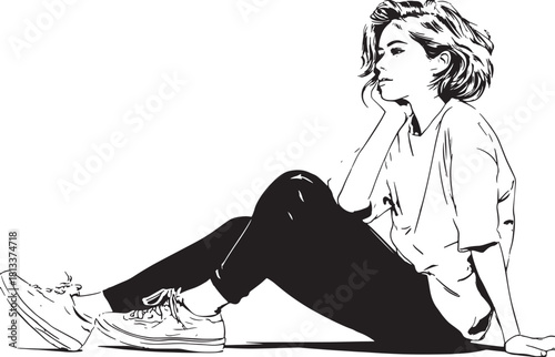 Thoughtful young woman in casual wear sitting, looking away, black and white illustration art style Vector