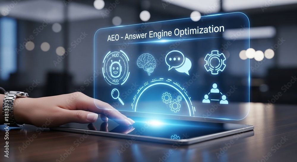 Fototapeta premium AEO Answer Engine Optimization Hologram Interface With AI Icons on Digital Tablet