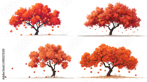 A vibrant illustration set of red autumn trees with falling leaves, showing rich seasonal colors and natural detail. Ideal for landscape design, nature themes, seasonal art, and decorative graphics.
