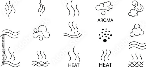Black Outline Icons Representing Steam, Aroma, and Heat on White Background illustration