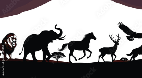 African and wild animal silhouettes panorama, vector illustration featuring lion, elephant, horse, deer, eagle, and wolf for nature, safari, or wildlife conservation graphics and design.